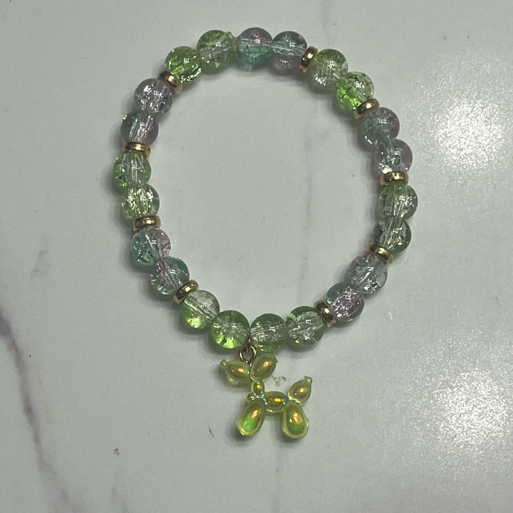 Green and Gold Beaded Bracelet with Balloon Dog Charm